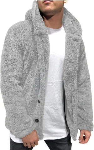 Mens Fuzzy Sherpa Cardigan Warm Thick Jacket with Fleece Hooded Open Front Fluffy Button Down Coat