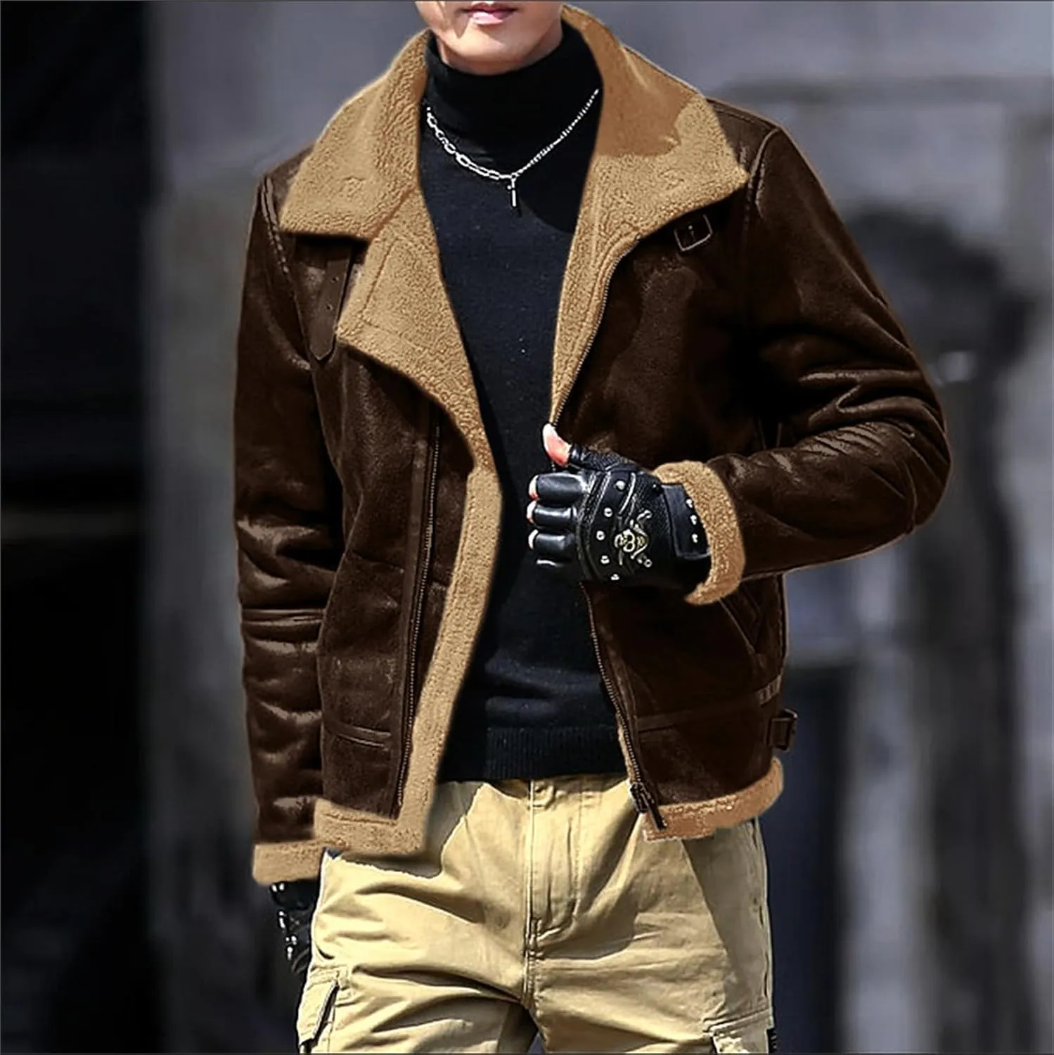 Mens Heavyweight Faux Leather Bomber Jacket with Fleece Sherpa Lining, Zip-Up Thermal Motorbike Jacket