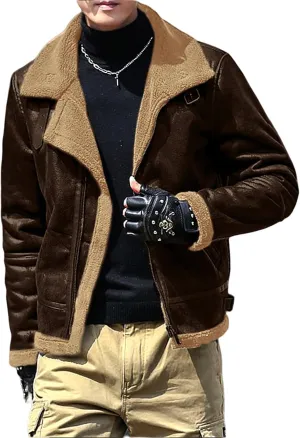 Mens Heavyweight Faux Leather Bomber Jacket with Fleece Sherpa Lining, Zip-Up Thermal Motorbike Jacket