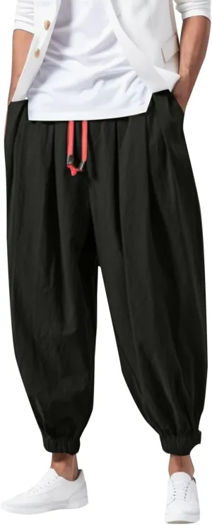 Mens Hippie Harem Pants Casual Elastic Drawstring Tapered Pants Solid Color Baggy Yoga Drop Crotch Trouser