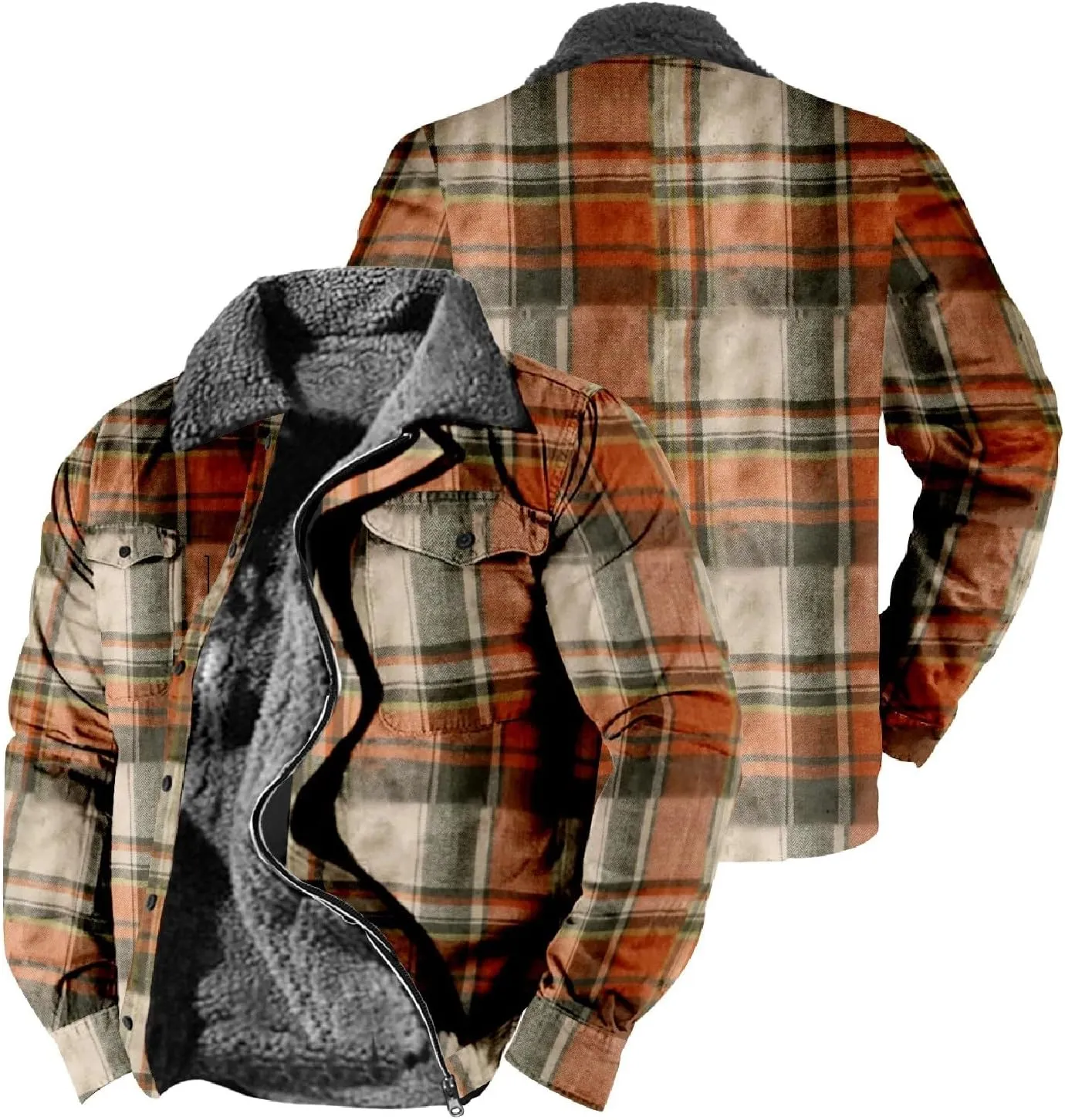 Men's Hooded Shirt Jacket Plaid Pocket Hooded Loose Coat Plus Velvet Shirt Top with Hood for Men Fleece Lined