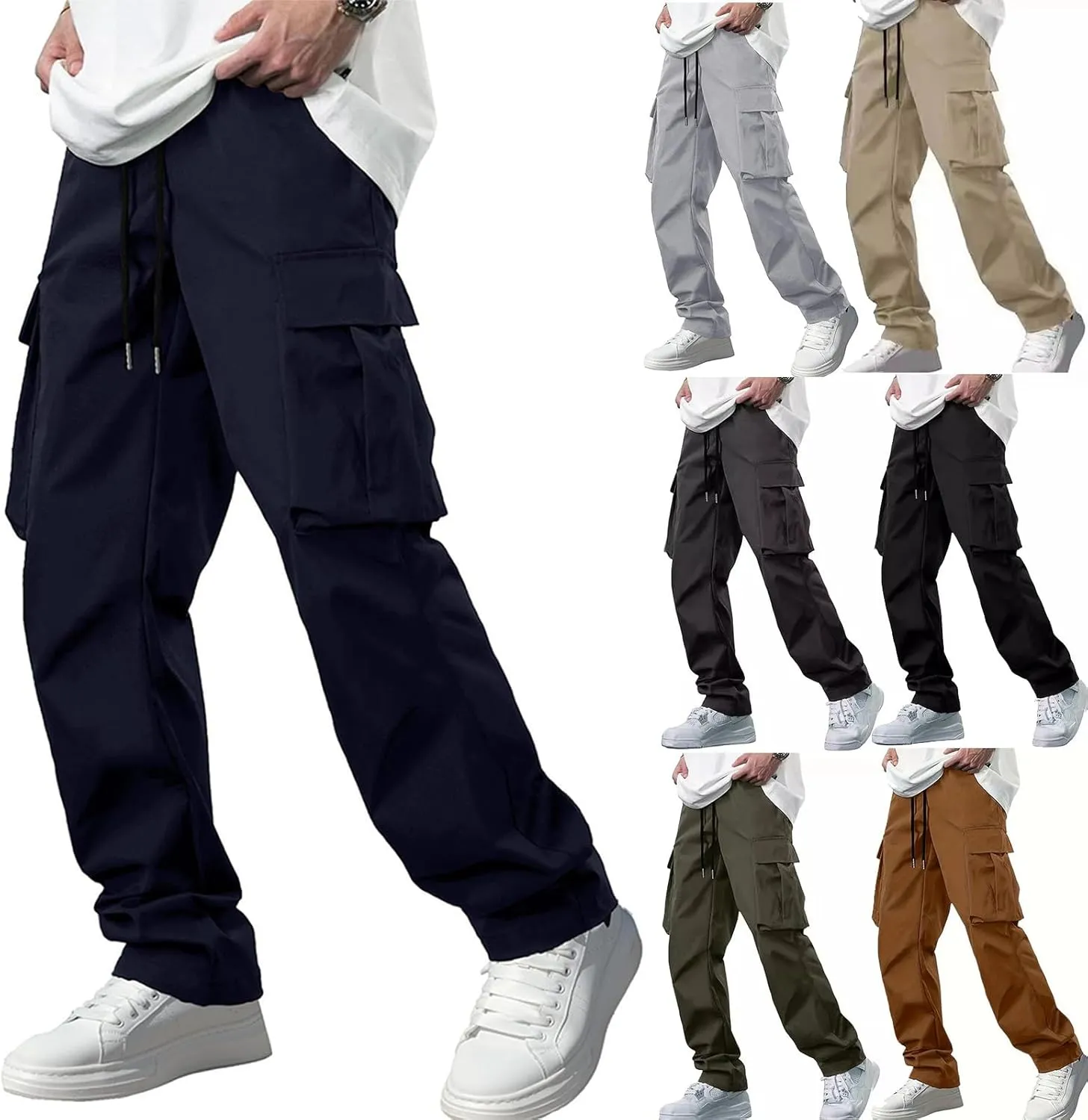 Men's Jogger Cargo Pant Elastic Waist Drawstring Straight Leg Sweatpants Lightweight Casual Trousers with Pockets