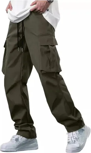 Men's Jogger Cargo Pant Elastic Waist Drawstring Straight Leg Sweatpants Lightweight Casual Trousers with Pockets