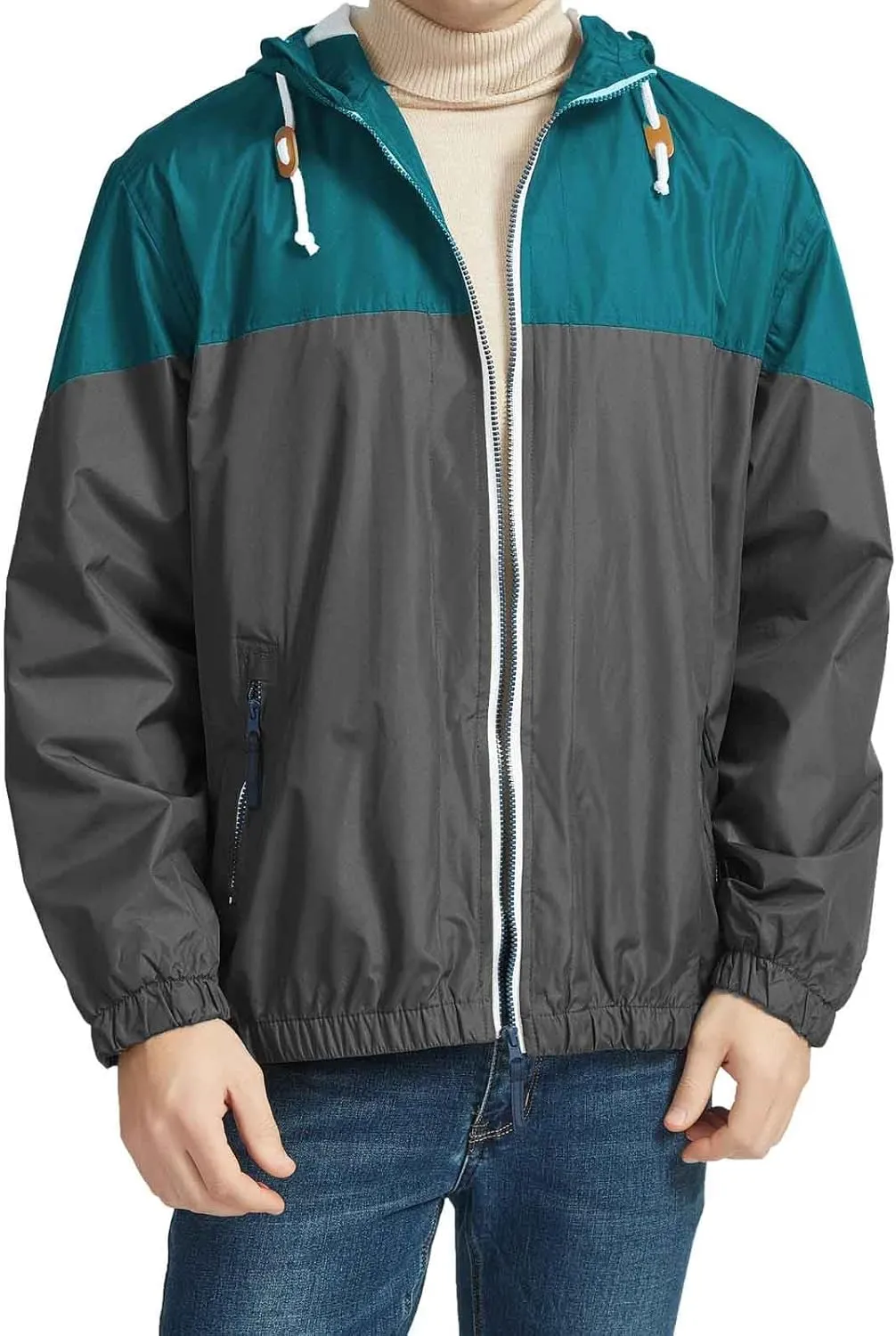 Mens Lightweight Hooded Rain Jacket Waterproof Windproof Thin Active Raincoat Pockets Outdoor Hiking Running Jacket