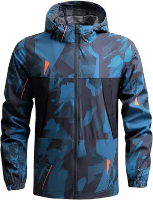 Mens Lightweight Rain Jackets Long Sleeve Full-Zip Print Waterproof Hooded Windbreaker Plus Size Fall Raincoat Jacket