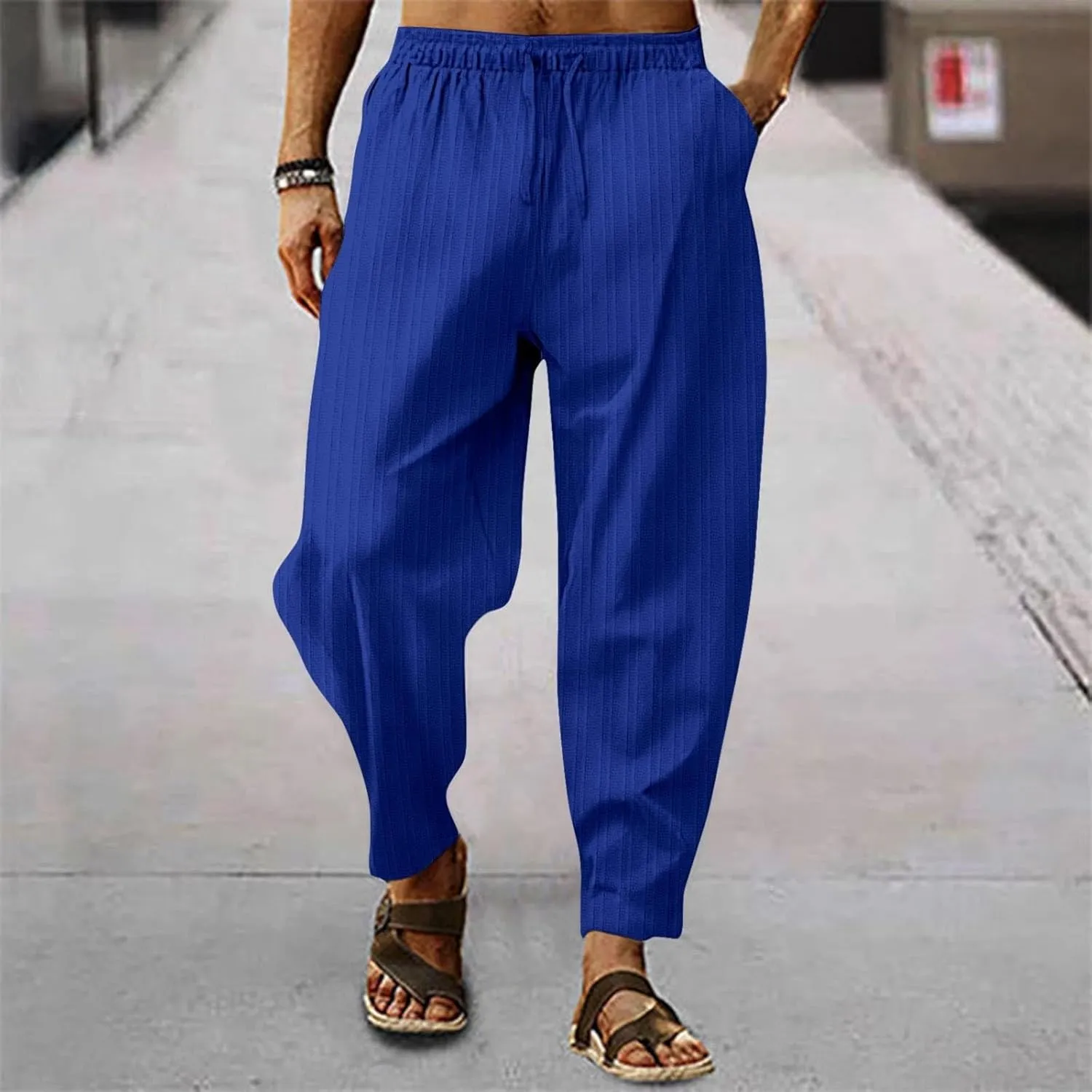 Mens Linen Cotton Yoga Casual Pants Summer Drawstring Elastic Waist Beach Trousers Loose Lounge Jogger Sweatpants