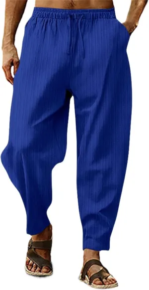 Mens Linen Cotton Yoga Casual Pants Summer Drawstring Elastic Waist Beach Trousers Loose Lounge Jogger Sweatpants