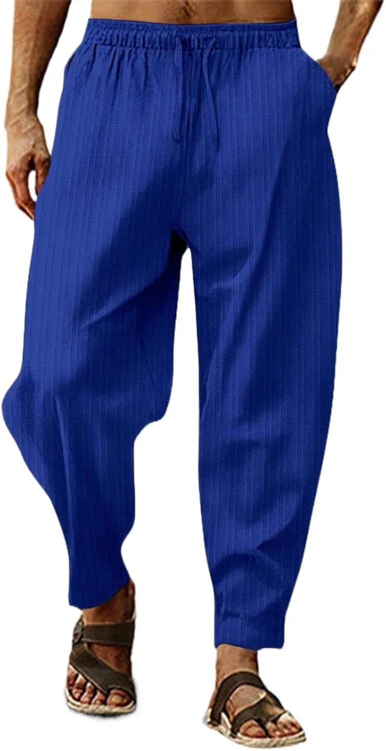 Mens Linen Cotton Yoga Casual Pants Summer Drawstring Elastic Waist Beach Trousers Loose Lounge Jogger Sweatpants