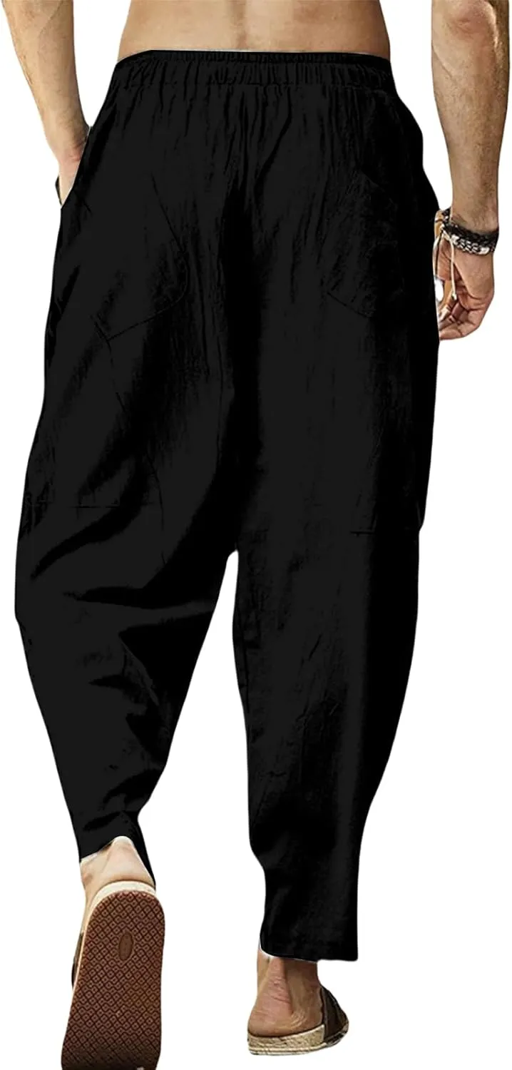 Mens Linen Harem Pants Summer Capri Pant Casual Beach Cropped Pants Drawstring Elastic Waist Yoga Trousers with Pockets