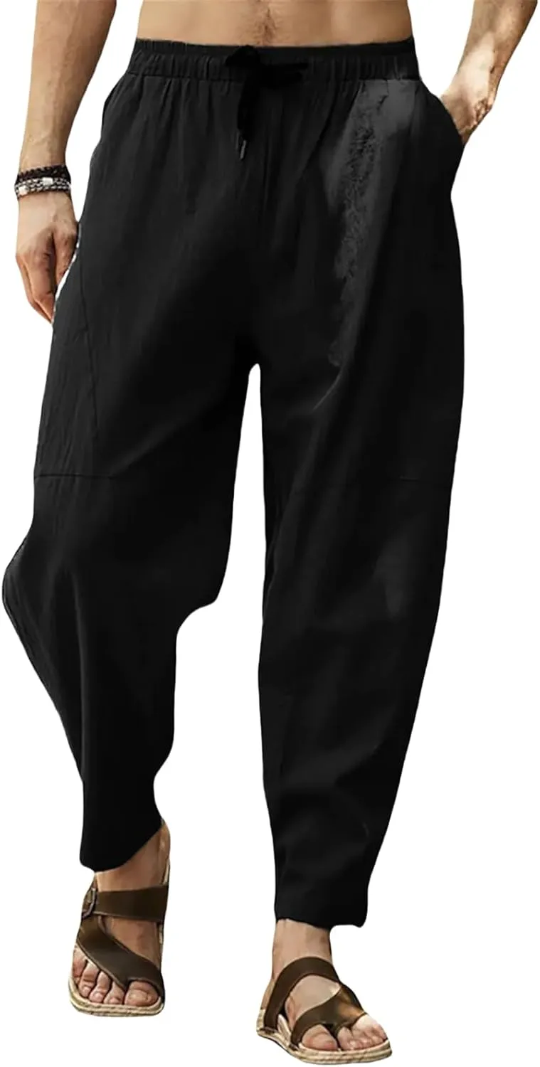 Mens Linen Harem Pants Summer Capri Pant Casual Beach Cropped Pants Drawstring Elastic Waist Yoga Trousers with Pockets