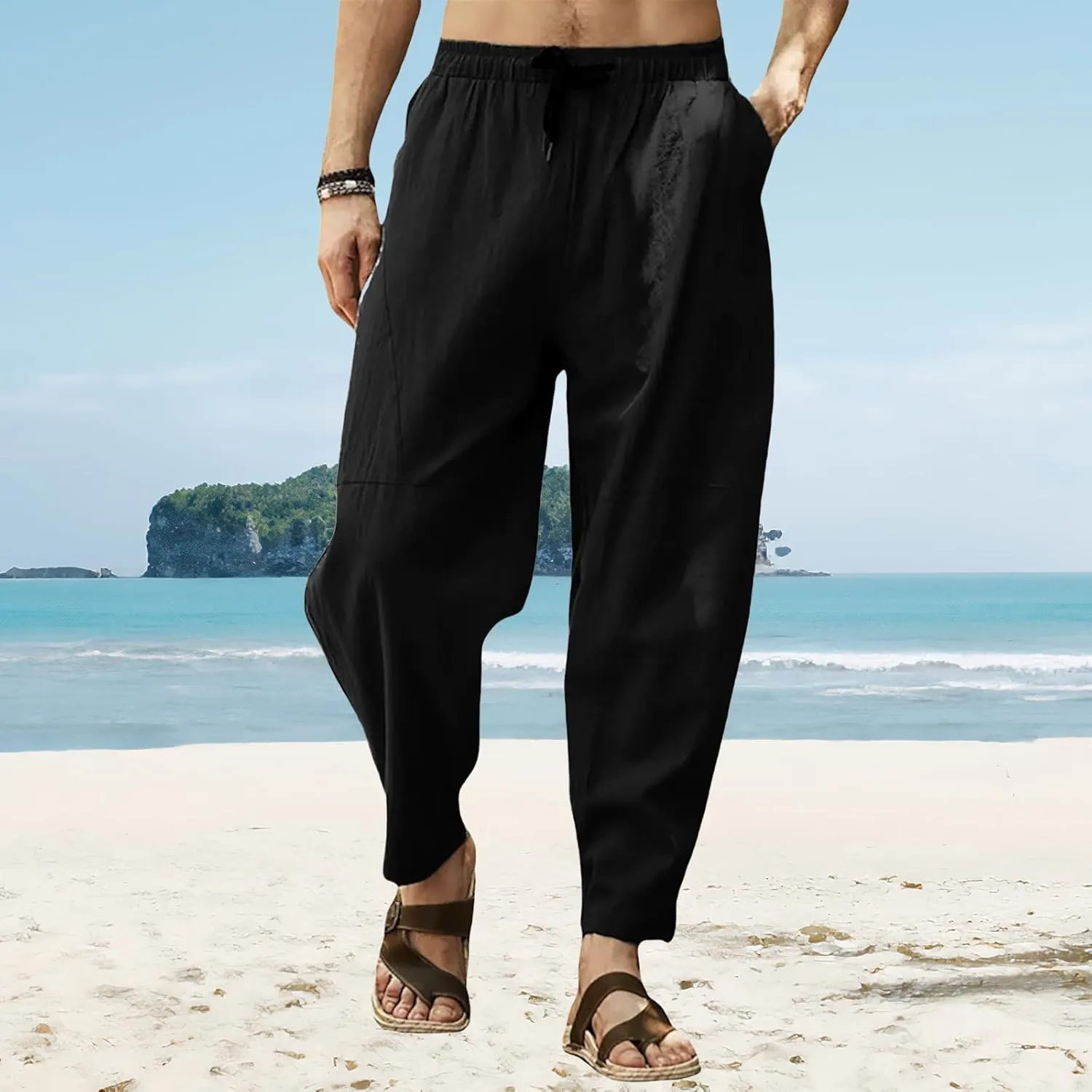 Mens Linen Harem Pants Summer Capri Pant Casual Beach Cropped Pants Drawstring Elastic Waist Yoga Trousers with Pockets