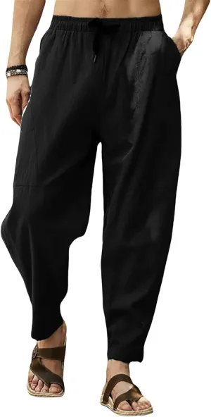 Mens Linen Harem Pants Summer Capri Pant Casual Beach Cropped Pants Drawstring Elastic Waist Yoga Trousers with Pockets