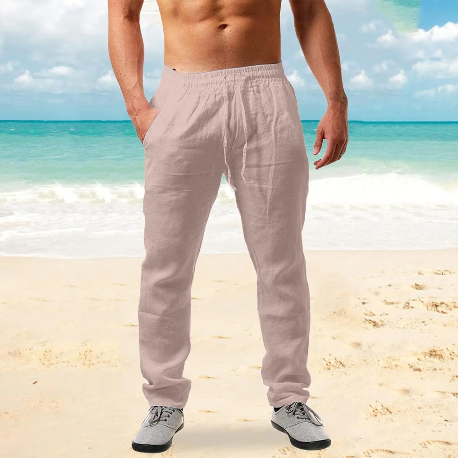 Mens Linen Pants Casual Elastic Waist Drawstring Beach Summer Pant with Pockets Lightweight Linens Trousers