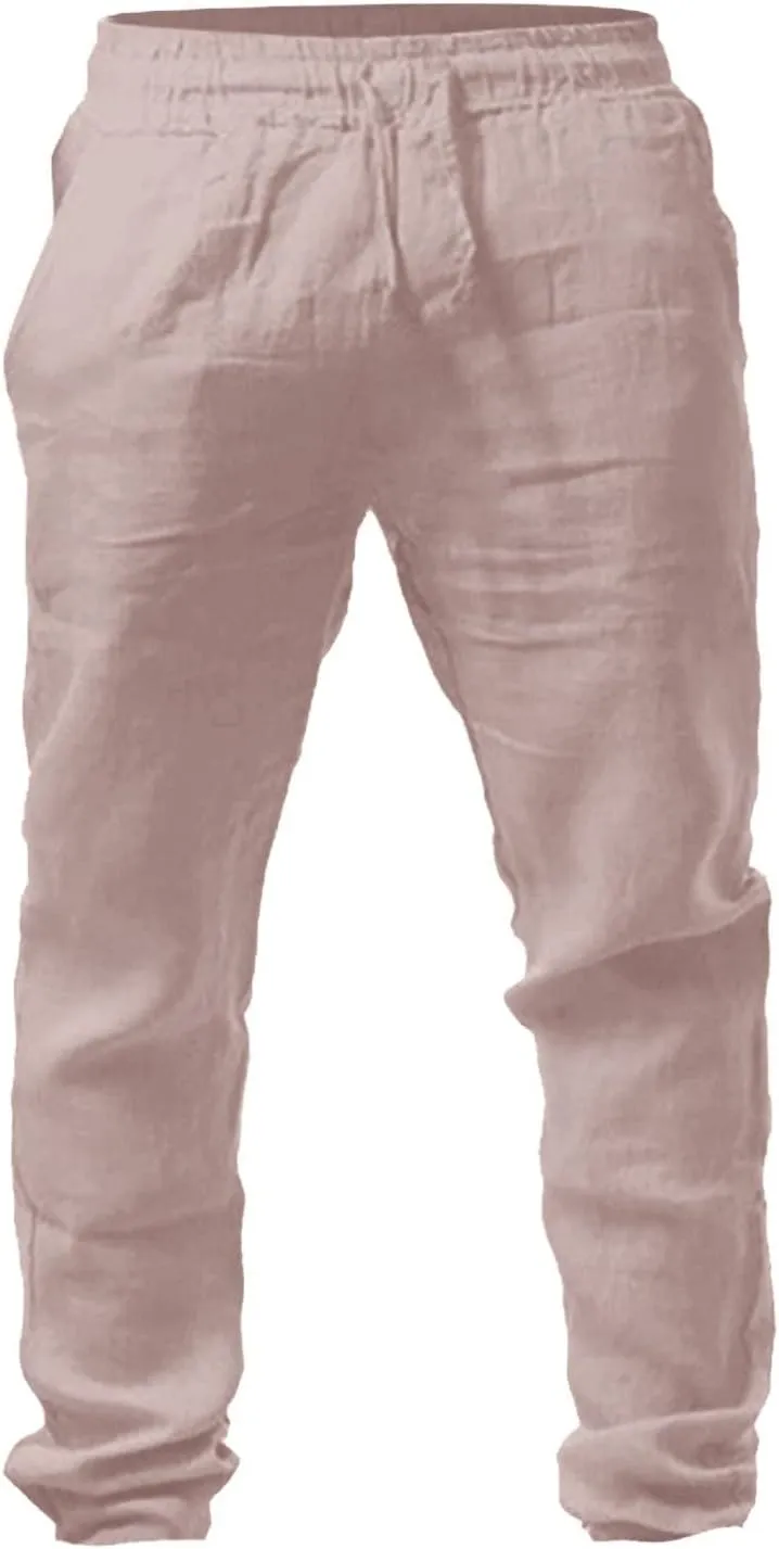 Mens Linen Pants Casual Elastic Waist Drawstring Beach Summer Pant with Pockets Lightweight Linens Trousers