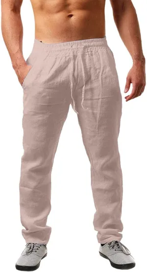 Mens Linen Pants Casual Elastic Waist Drawstring Beach Summer Pant with Pockets Lightweight Linens Trousers