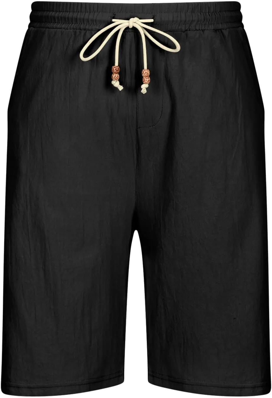 Mens Linen Shorts Casual Summer Stretch Waist Drawstring Lounge Shorts Loose Fit Lightweight Beach Shorts with Pocket
