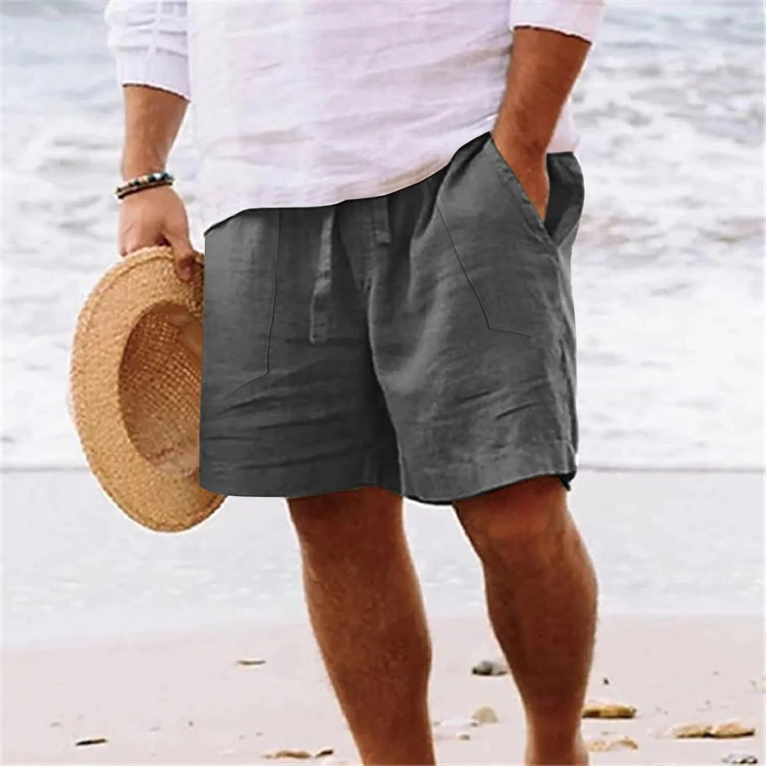 Men's Linen Shorts Summer Hawaiian Casual Shorts Running Joggers Loose Lightweight Beach Shorts with Pockets