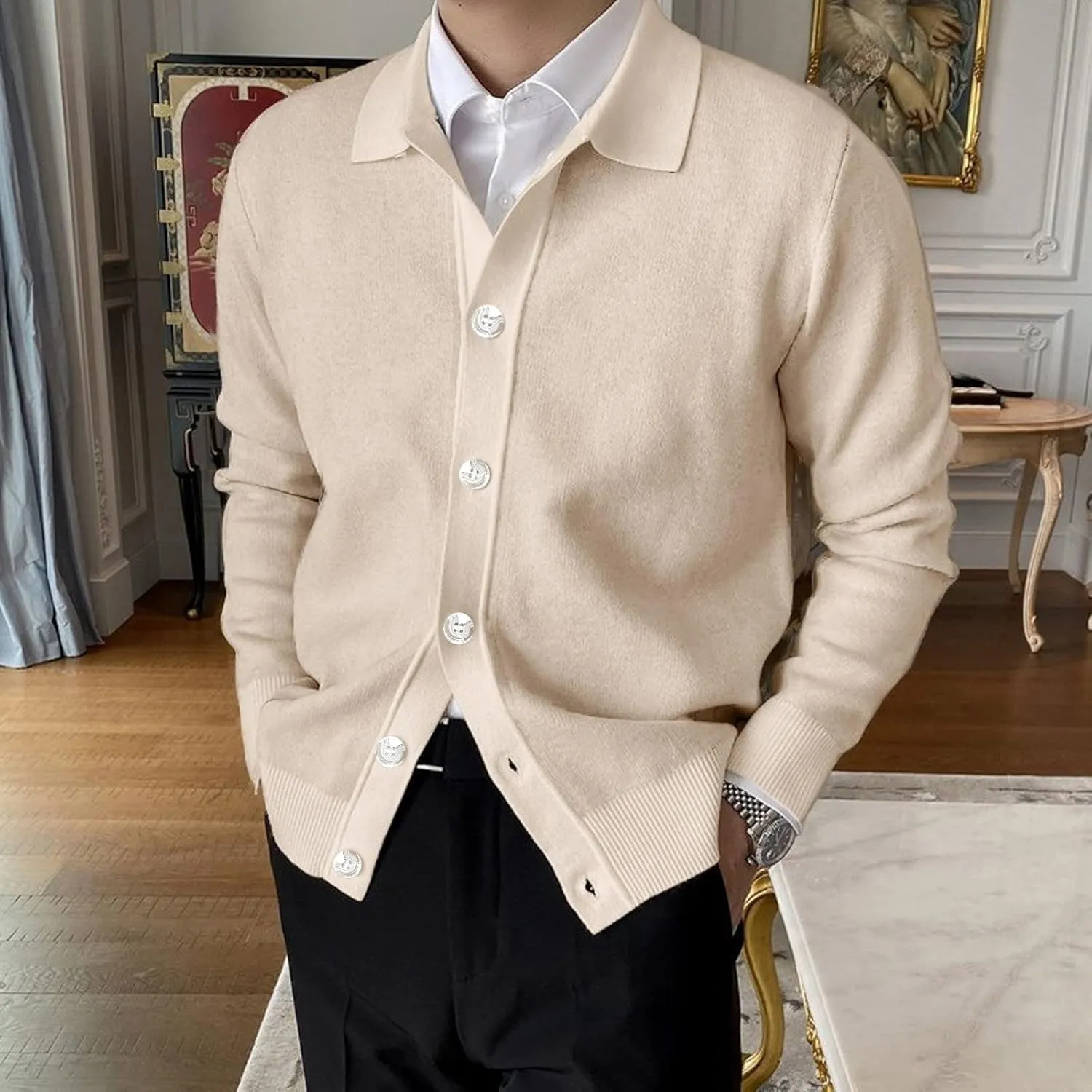 Mens Long Sleeve Knit Polo Shirt Lapel Collar Cardigan Sweater Casual Button Down Knitted Sweater Cardigan Jackets