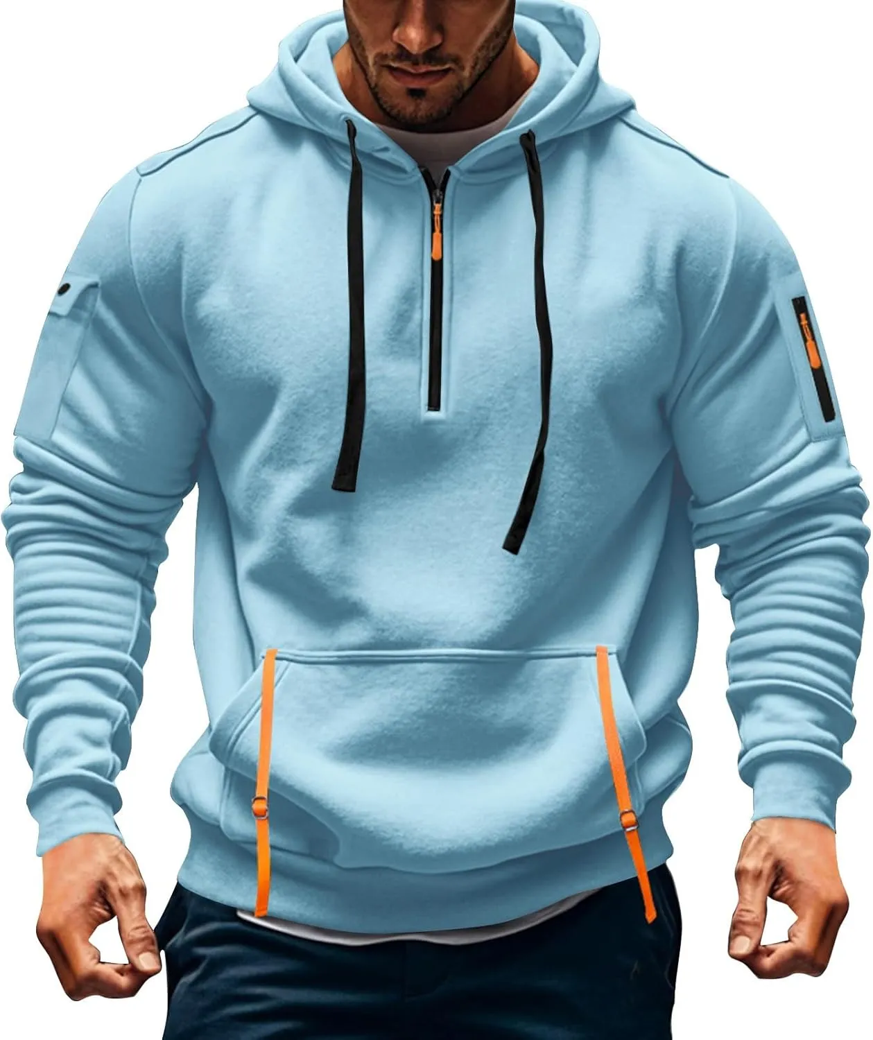 Mens Long Sleeve Quarter Zip Hoodies Print Tactical Pullover Hoodie Oversized Casual Hooded Sweatshirt with Pockets