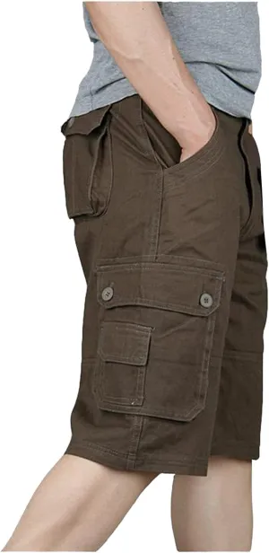 Mens Outdoor Cargo Summer Shorts Elastic Waist Multi-Pocket Military Tactical Work Shorts Cotton Twill Hiking Bermuda Shorts