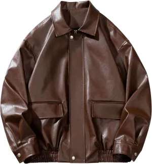 Mens Oversized Leather Jackets Zip Up Faux Bomber Jacket 90s Vintage Biker Racing Moto Jacket Coat with Pockets