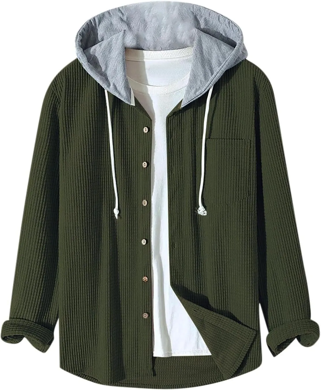 Mens Padded Waffle Jackets Hooded Button Down Cardigan Casual Long Sleeve Coats Fashion Sweatshirts Fall Tops