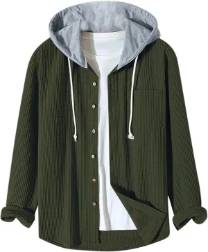 Mens Padded Waffle Jackets Hooded Button Down Cardigan Casual Long Sleeve Coats Fashion Sweatshirts Fall Tops