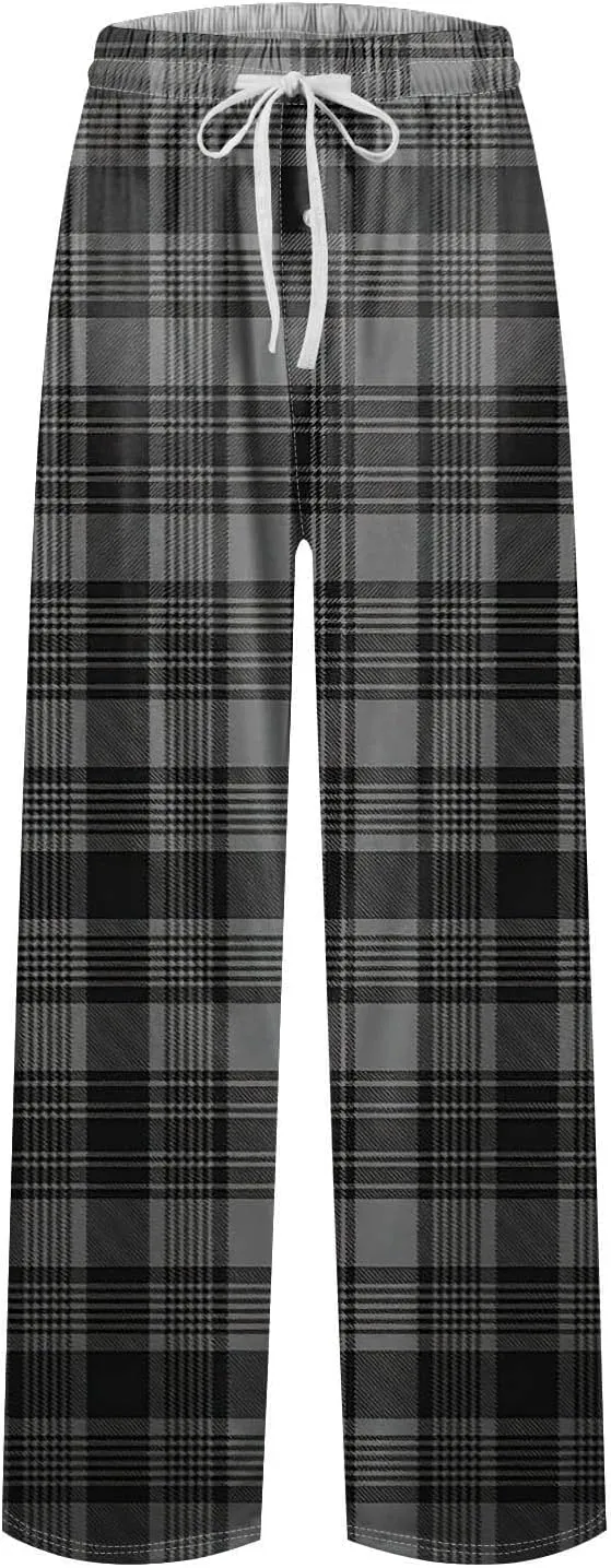 Men's Plaid Casual Pants Loose Fit Elastic Drawstring Waist Straight Leg Summer Beach Holiday Slacks Casual Trousers