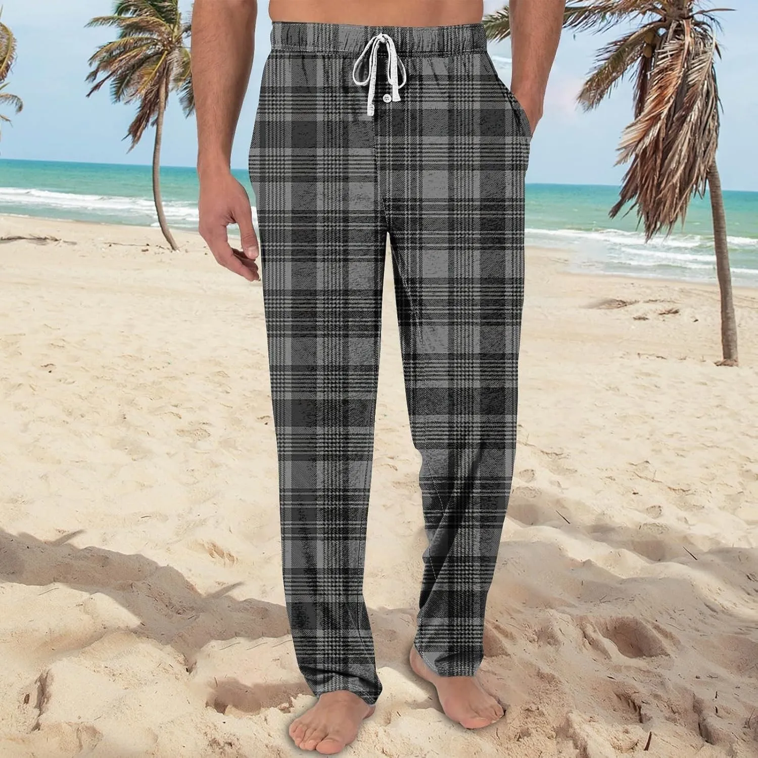 Men's Plaid Casual Pants Loose Fit Elastic Drawstring Waist Straight Leg Summer Beach Holiday Slacks Casual Trousers