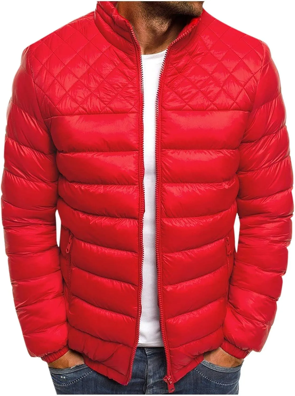 Men's Puffer Jacket Stand Collar Quilted Coat Lightweight Packable Down Jacket Casual Warm Winter Outwear with Pockets
