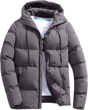 Men's Quilted Puffer Drawstring Hooded Jackets Zip Up Long Sleeve Solid Coats Winter Thick Warm Outerwear Plus Size