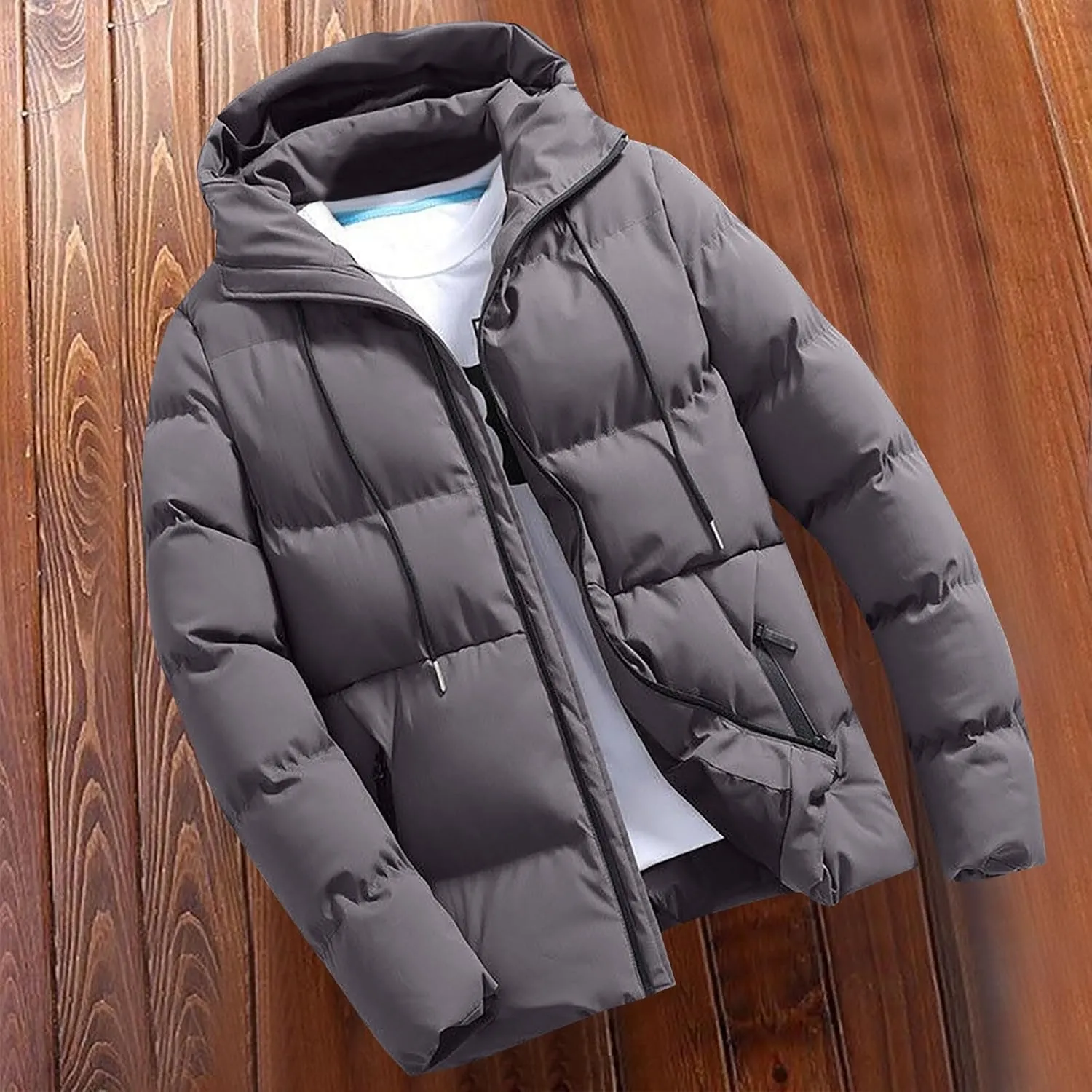 Men's Quilted Puffer Drawstring Hooded Jackets Zip Up Long Sleeve Solid Coats Winter Thick Warm Outerwear Plus Size