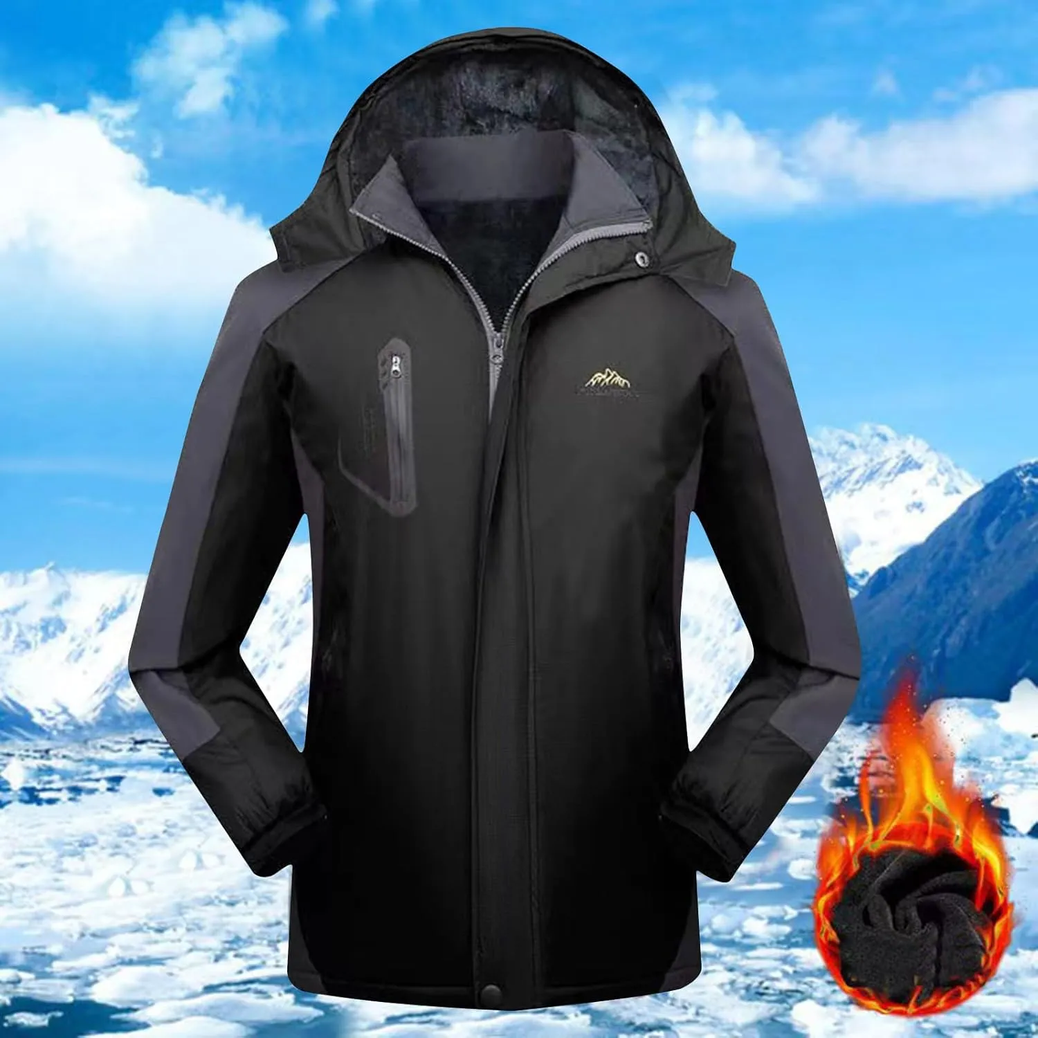 Mens Rain Coats Warm Fleece Waterproof Hooded Rain Jackets Plus Size Windbreaker Pockets For Running Hiking Climbing