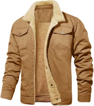 Men's Sherpa Lined Jacket Fleece Cargo Coats Button Down Lapel Coat Vintage Casual Outwears Winter Trendy Overcoats