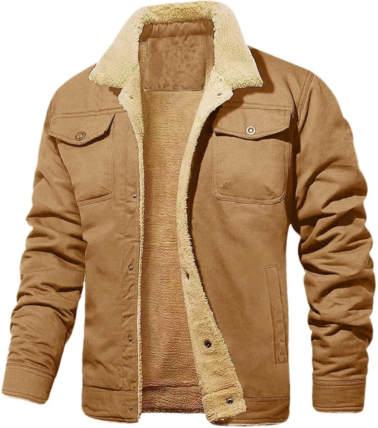 Men's Sherpa Lined Jacket Fleece Cargo Coats Button Down Lapel Coat Vintage Casual Outwears Winter Trendy Overcoats