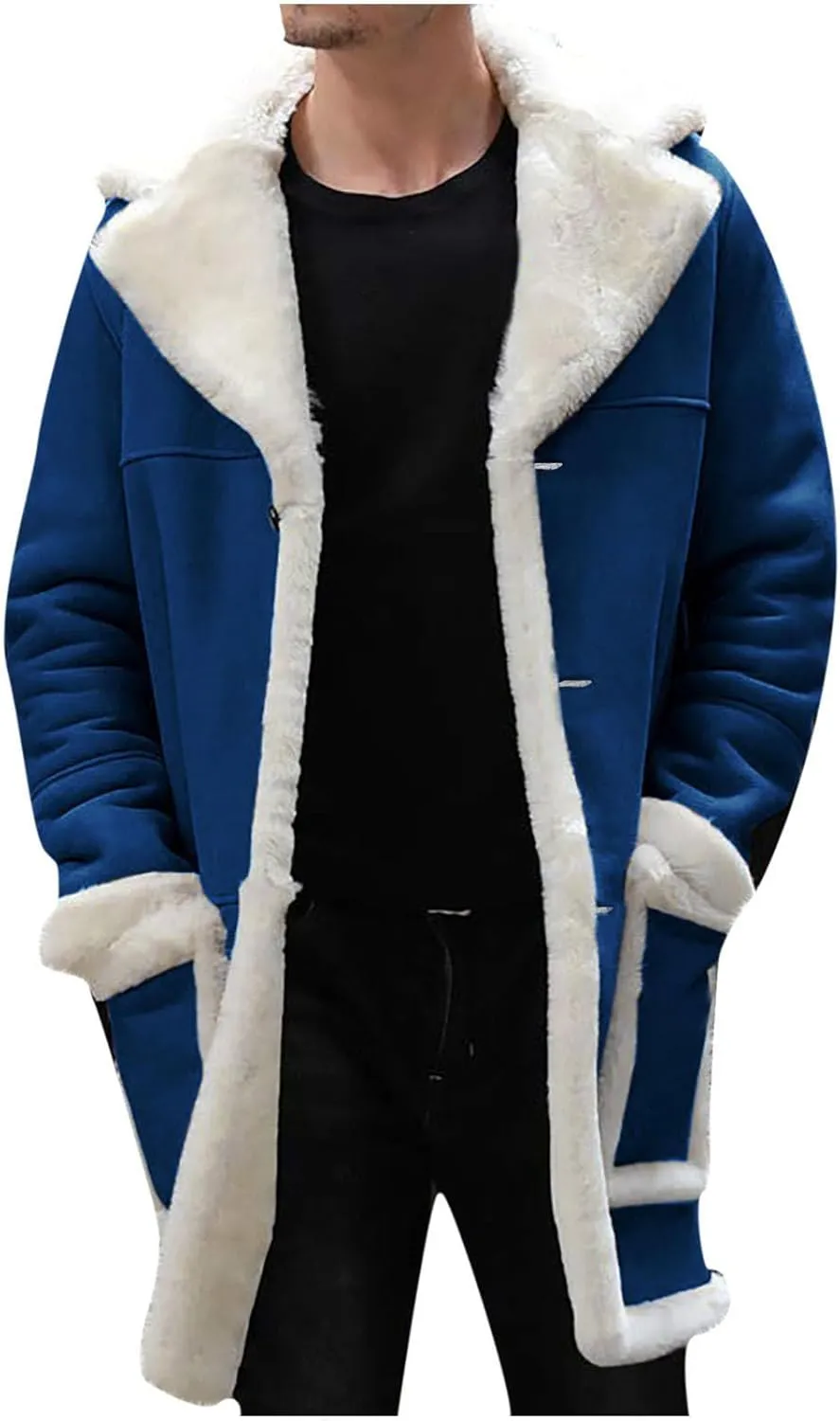 Mens Sherpa Lined Long Jacket Faux Leather Shearling Jacket Fur Collar Trench Coats Winter Sheepskin Fleece Coat