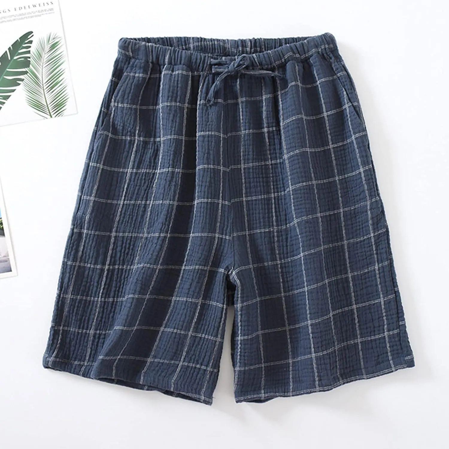 Men's Sleepwear Shorts Cotton Plaid Casual Shorts Pajama Bottom Lounge Short with Pockets Elastic Waist Sleep Shorts