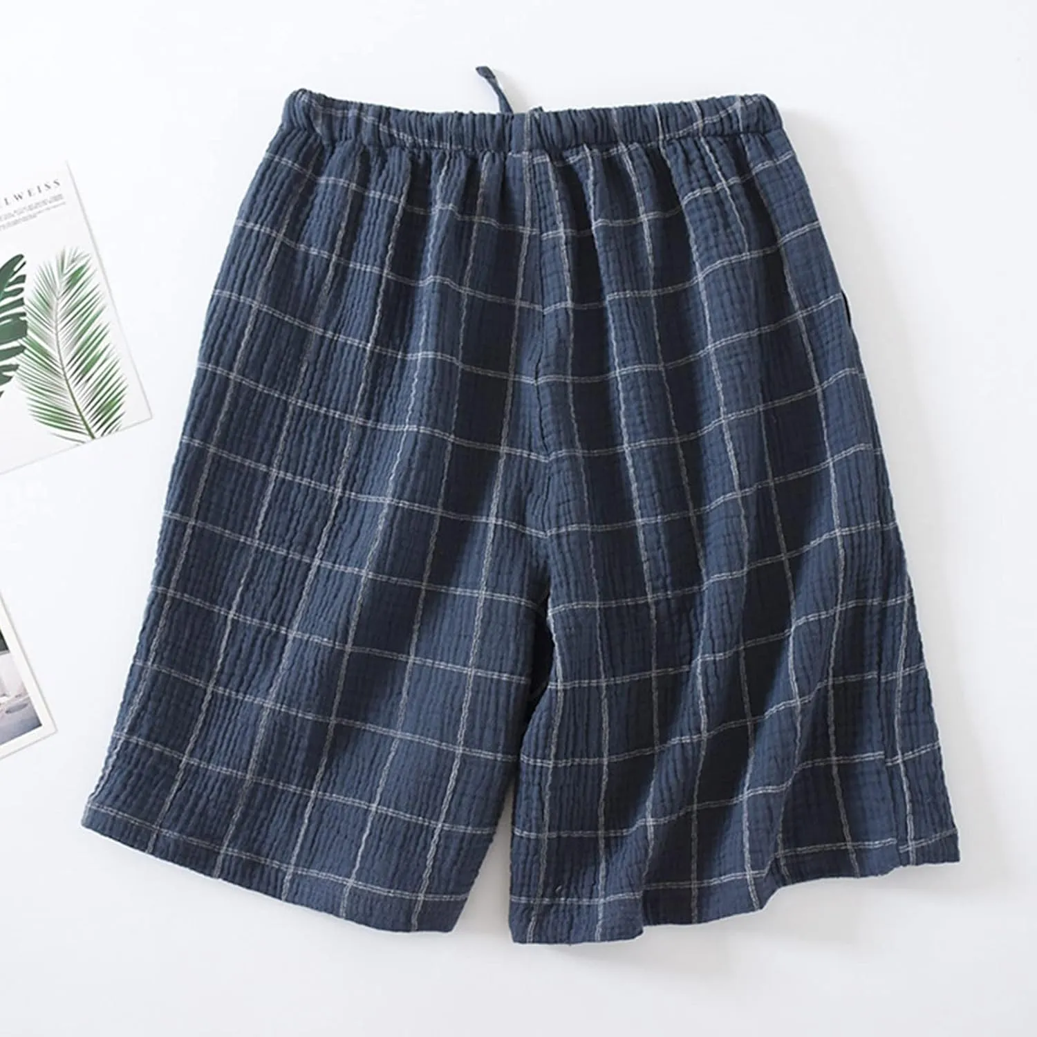 Men's Sleepwear Shorts Cotton Plaid Casual Shorts Pajama Bottom Lounge Short with Pockets Elastic Waist Sleep Shorts