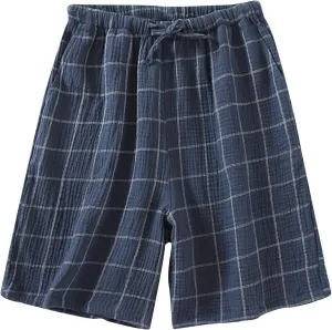 Men's Sleepwear Shorts Cotton Plaid Casual Shorts Pajama Bottom Lounge Short with Pockets Elastic Waist Sleep Shorts