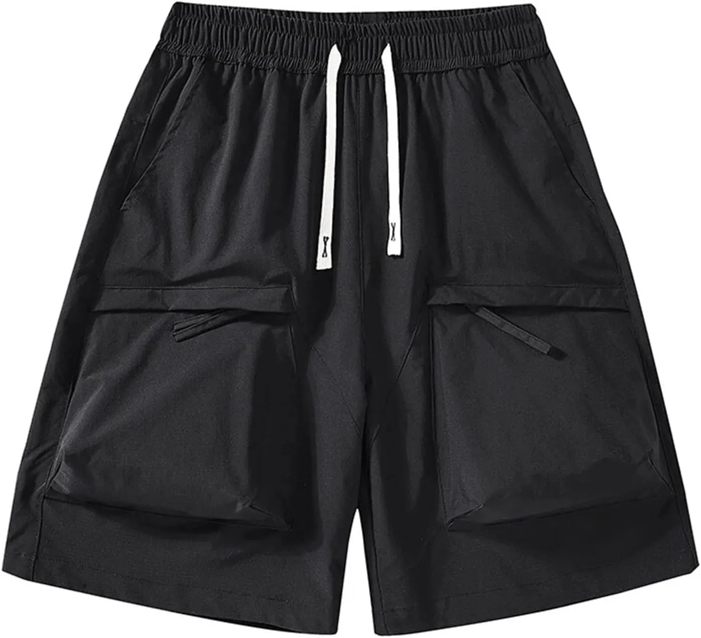 Men's Solid Multi Pocket Zipper Cargo Shorts Casual Waist Drawstring Cargo Shorts