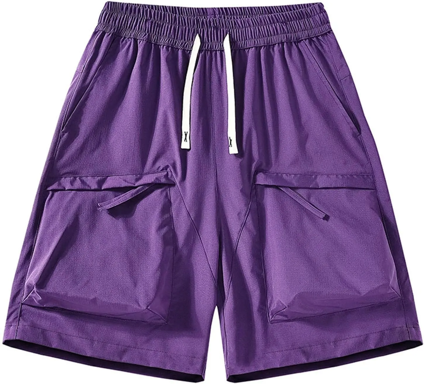 Men's Solid Multi Pocket Zipper Cargo Shorts Casual Waist Drawstring Cargo Shorts