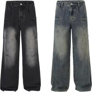 Men's Straight Leg Jeans with Multi Pockets Retro Workwear Trousers Classic Fit Denim Pants for Teenagers and Adults