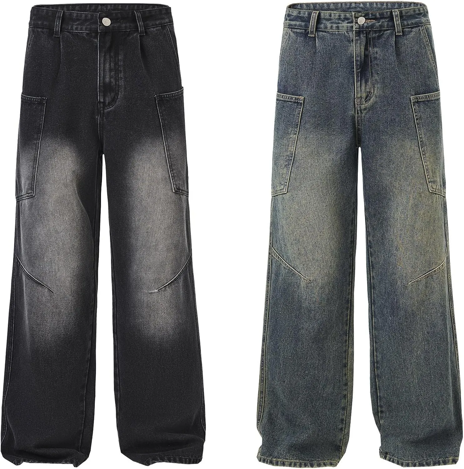 Men's Straight Leg Jeans with Multi Pockets Retro Workwear Trousers Classic Fit Denim Pants for Teenagers and Adults