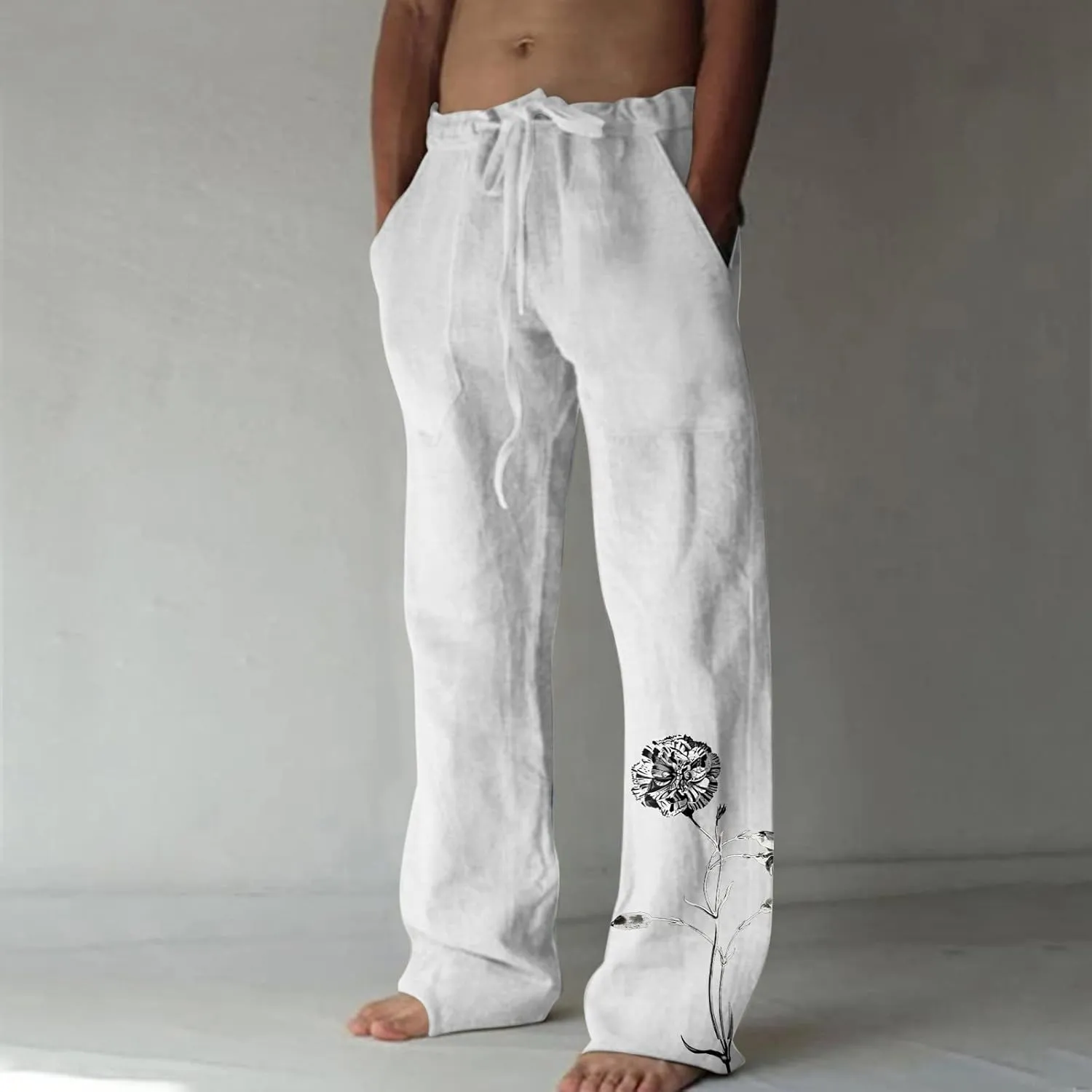 Mens Summer Pants Casual Stylish Drawstring Elastic Waist Cotton Linen Straight Legs Regular Fit Solid Beach Pant