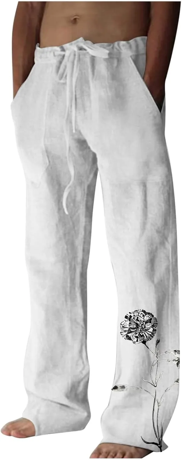 Mens Summer Pants Casual Stylish Drawstring Elastic Waist Cotton Linen Straight Legs Regular Fit Solid Beach Pant