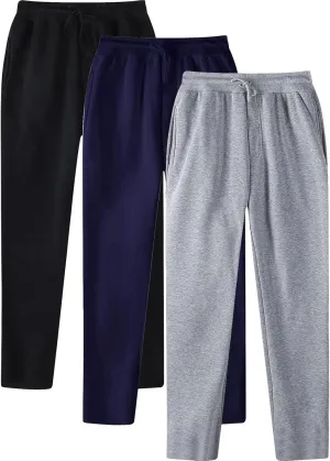Mens Sweatpants Pack of 3 Fleece Lined Open Bottom Joggers Drawstring Elastic Waist Athletic Pants with Pockets