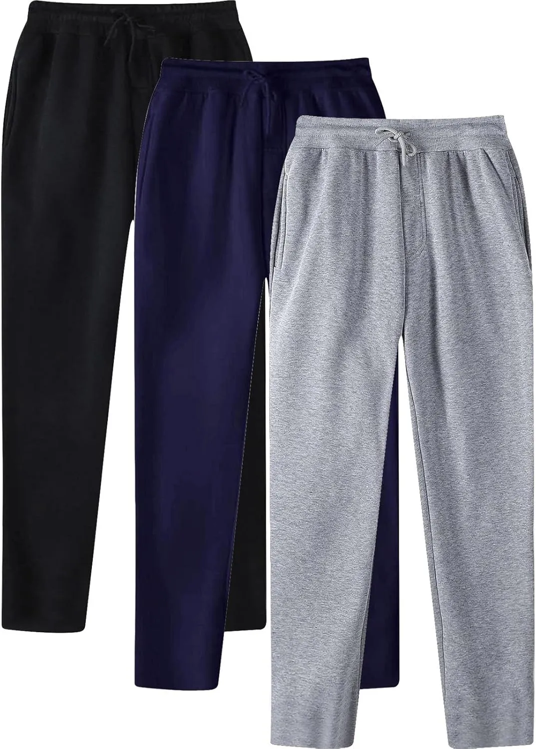 Mens Sweatpants Pack of 3 Fleece Lined Open Bottom Joggers Drawstring Elastic Waist Athletic Pants with Pockets