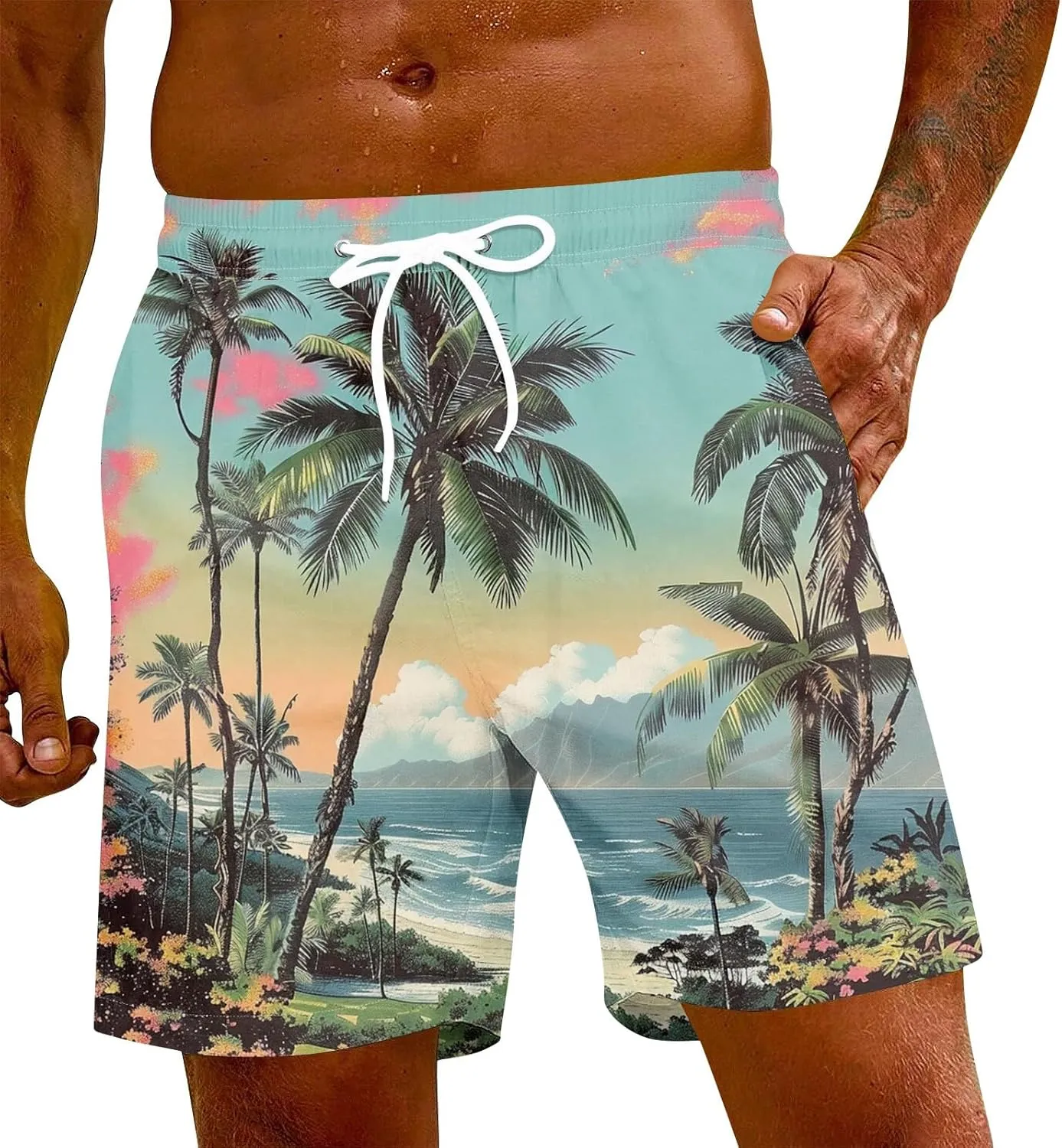 Men's Swim Trunks Quick Dry Beach Swim Shorts Stretch Board Shorts Swimwear with Pockets
