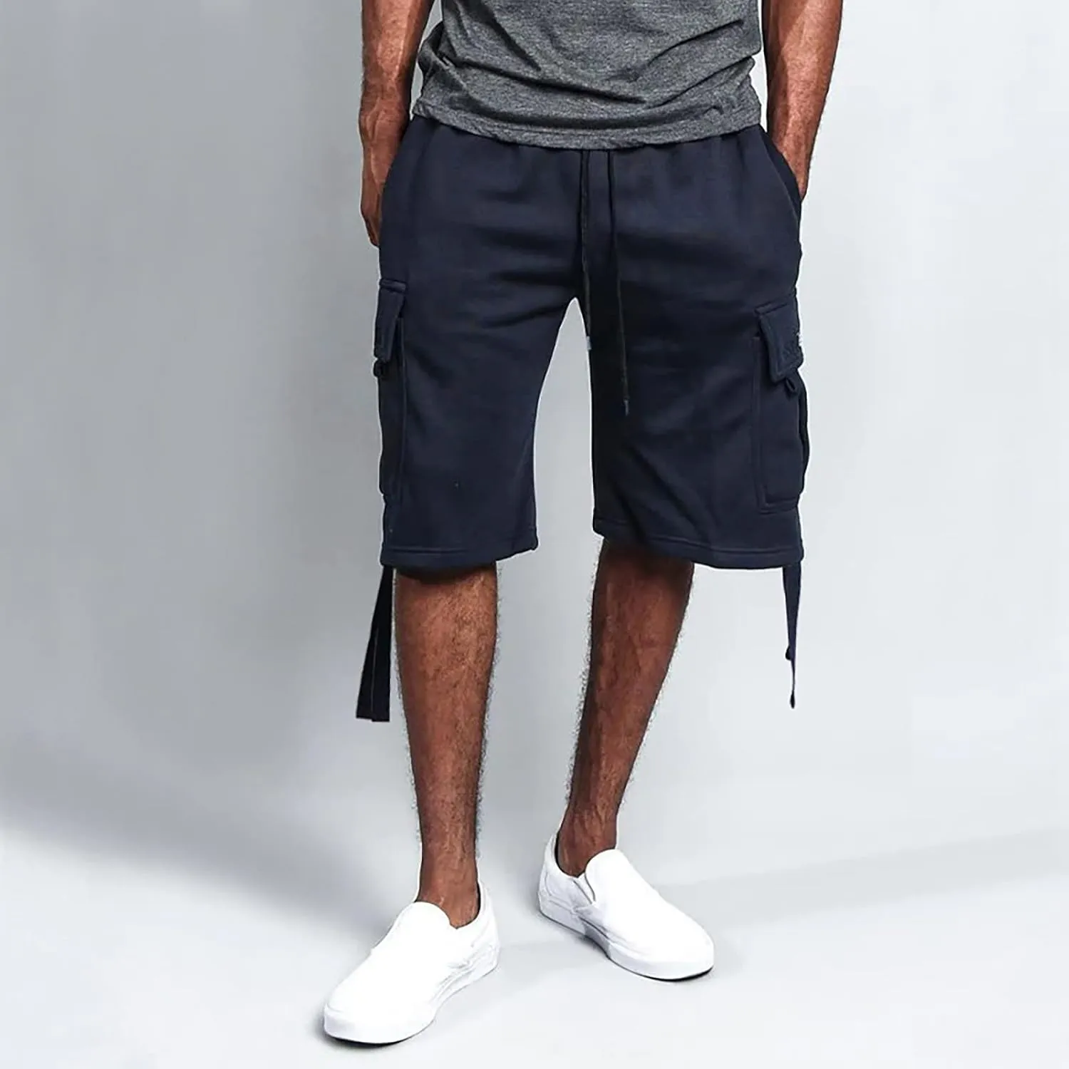 Mens Tactical Cargo Long Shorts 3/4 Casual Hiking Capri Pants Below Knee Length Multi Pocket Athletic Running Shorts