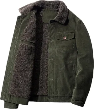 Men's Vintage Fleece Sherpa Lined Corduroy Trucker Jackets Lapel Button Down Thickened Winter Casual Warm Coat